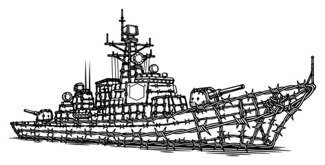 Military battleship warship wrapped in sharp barbed wire in hand drawn engraving style © Katarzyna