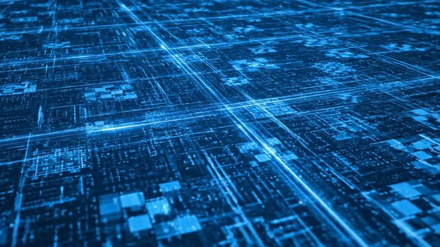 Futuristic Blue Grid HighTech Network Visualization and Data Flow.