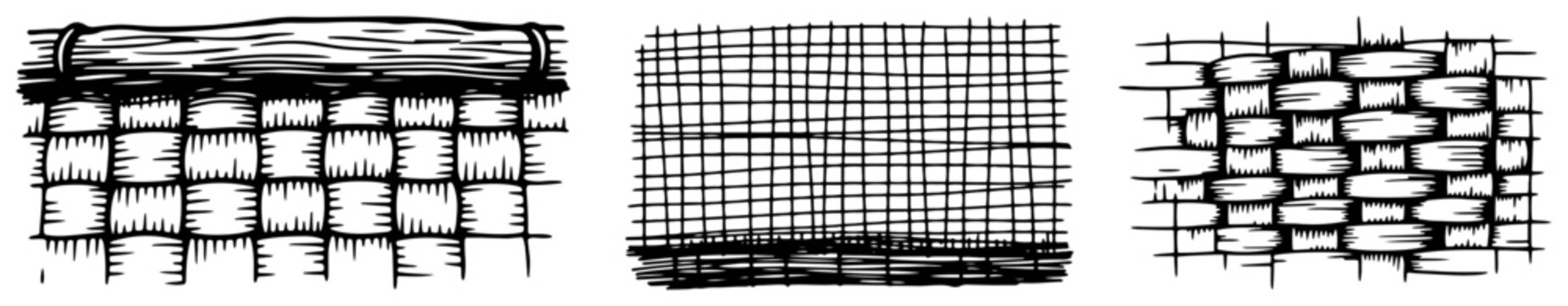 Texture patterns showing woven wicker net and brick masonry in hand drawn line art style