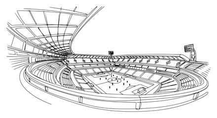 Soccer stadium interior with stands and pitch continuous one line drawing style © Katarzyna