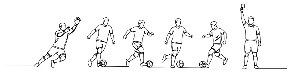 Fototapeta premium Soccer players and referee actions sequence continuous one line drawing style