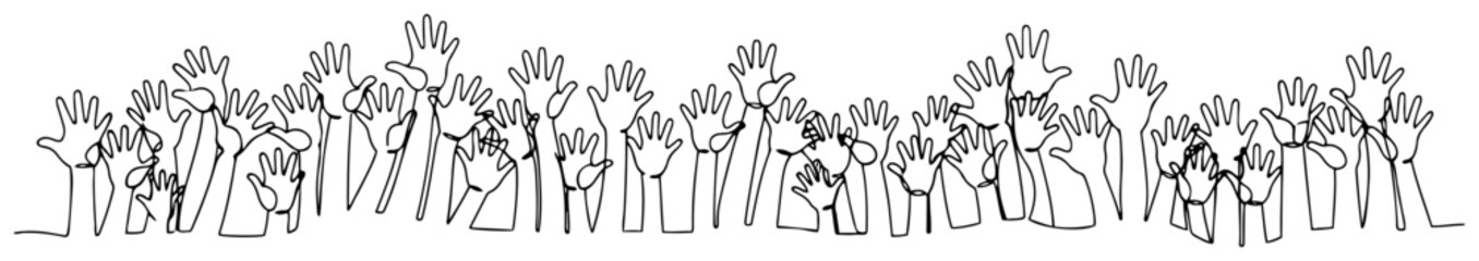 Fototapeta premium Crowd of people with raised hands in continuous line drawing style
