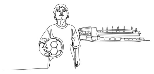Young soccer player holding ball with stadium in continuous line art style © Katarzyna