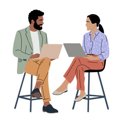 Obraz premium Two professionals sit on stools, each using a laptop. They face each other, engaged in focused conversation. Soft colors and clean lines give a calm, modern vibe. Ideal for business meetings