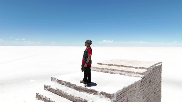 Man riding adventure motorcycle on Salar de Uyuni. Endless white landscape and rider on the vast Bolivian salt flats.
