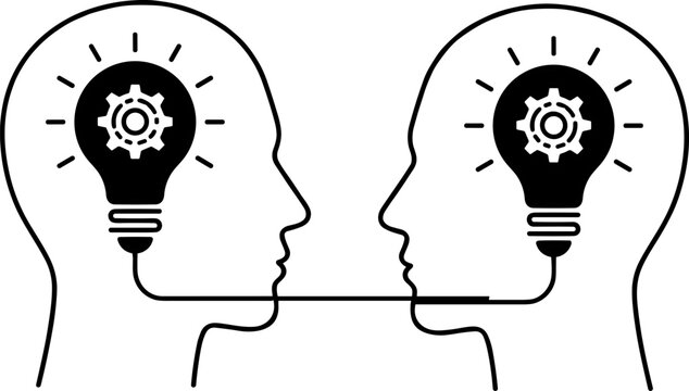 Collaboration and knowledge sharing silhouette vector illustration featuring two human heads with light bulbs and gears symbolizing ideas