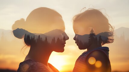 Silhouettes of two women facing each other at sunset