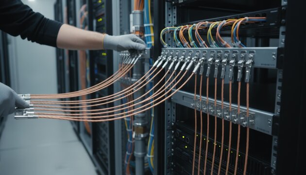 Focused view of cable grounding being installed on racks in a data closet highlighting organized wiring with the room softly out of focus.