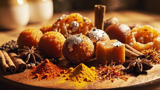 Assorted Indian Sweets and Spices on Wooden Platter