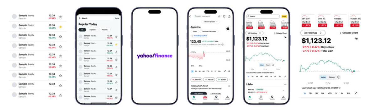 Yahoo Finance Mobile Stock Market Tracking and Investment Portfolio Interface UI Mockup
Yahoo Finance Stock Price Charts Market Index Dashboard and Investment Monitoring Screen Design Template for Mob