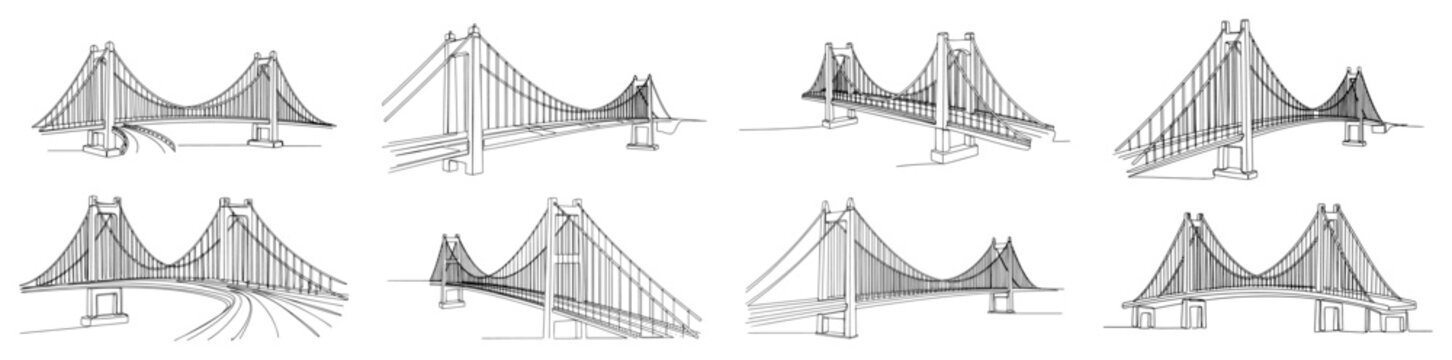 Suspension bridge engineering designs with cables and pillars seen from different angles in minimalist continuous line art style
