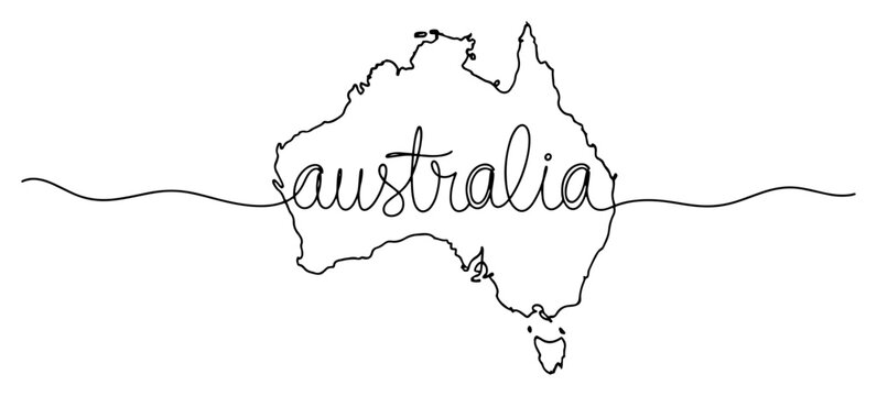 Australia map outline with handwritten name and continuous line in minimalist style