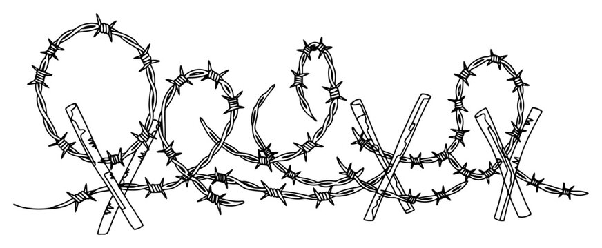 Barbed wire fence tangled around wooden posts in minimalist continuous line art style