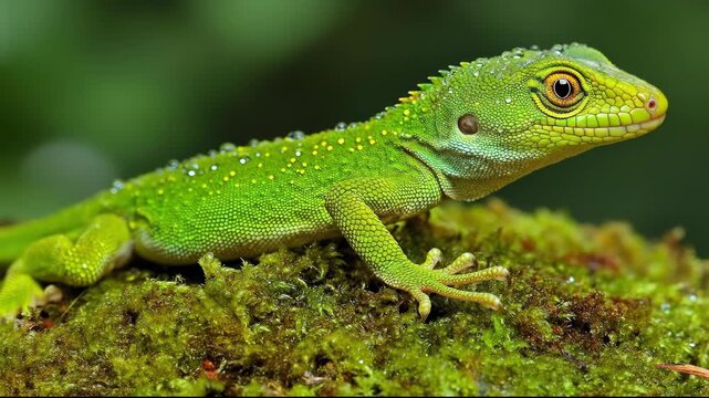 A vibrant green lizard resting on moss, showcasing nature's detail.