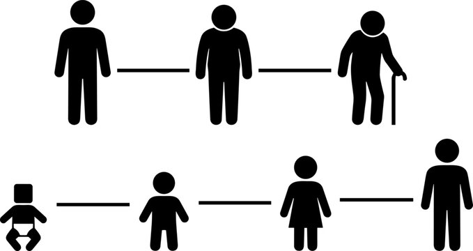 Human life stages silhouette icon set vector illustration featuring growth from infancy to adulthood and aging progression