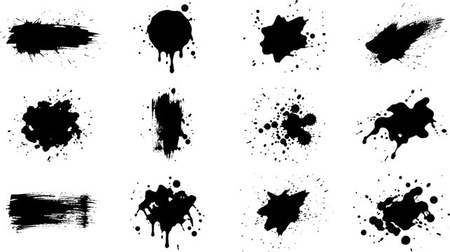 Ink splatter vector illustration collection, twelve black icons showing irregular blotches, drips, splashes, and textured grunge design patterns