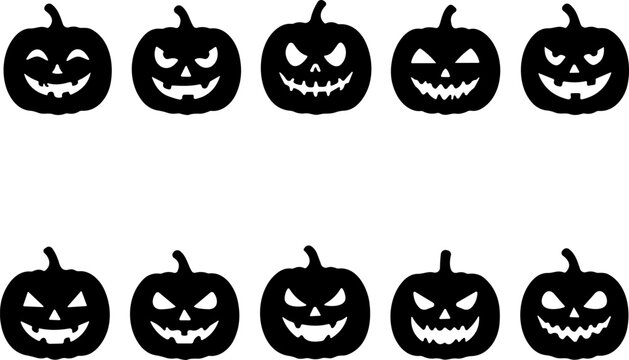 Jack-o&rsquo;-lantern silhouette icon set vector illustration featuring 12 unique Halloween pumpkins with spooky carved faces and expressions