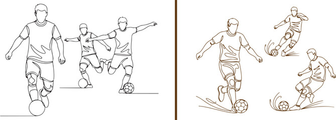Fototapeta premium Brown and black line art vector of soccer players in action. Features athletes dribbling, sprinting, and striking the ball with artistic motion lines, capturing high-energy football maneuvers.