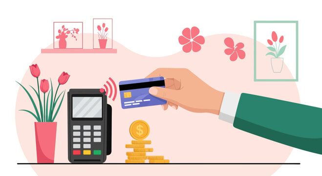 Contactless payment with credit card at point of sale terminal, flowers and coins