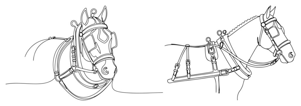 Horse heads wearing harness and bridle in continuous line art style
