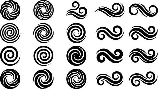 Ornamental swirl and wave vector illustration collection, twenty black icons showing abstract spiral and decorative curved design patterns