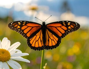 Fototapeta premium Monarch butterfly on a stem, wings spread, daisy visible. Bokeh meadow background