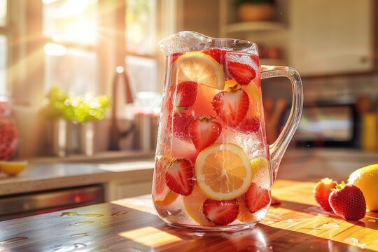 Refreshing pitcher of strawberry and lemon infused water on a sunny kitchen counter.