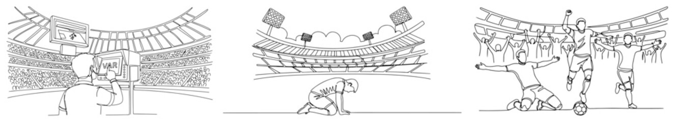 Soccer referee checking VAR and football players celebrating a goal in continuous line art style © Katarzyna