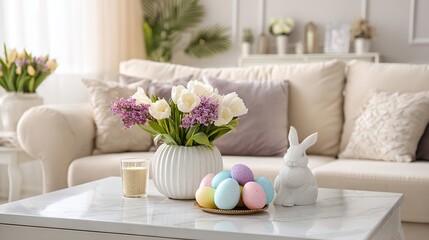 Naklejka premium A beautifully decorated living room with Easter eggs and a bunny on the coffee table
