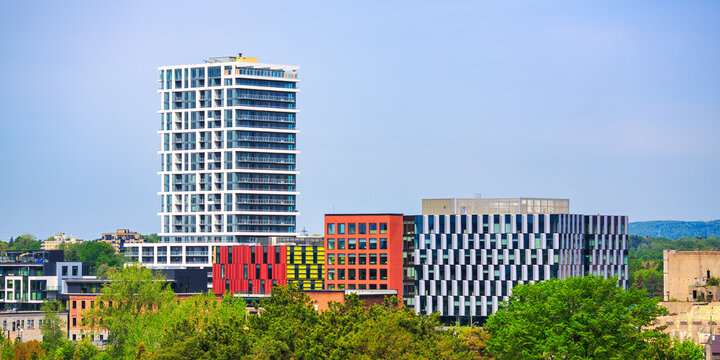 Gatineau, QC, Canada: May 12, 2025 - Zibi Block 206 and modern skyline in Gatineau Quebec, Copy space