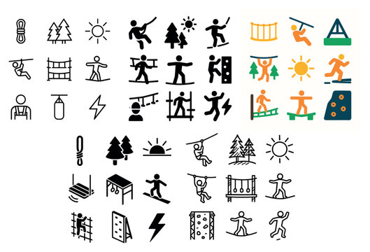 Adventure icons with trees zipline person minimal