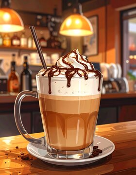 Coffee drink with cream & chocolate drizzle sits in cozy cafe
