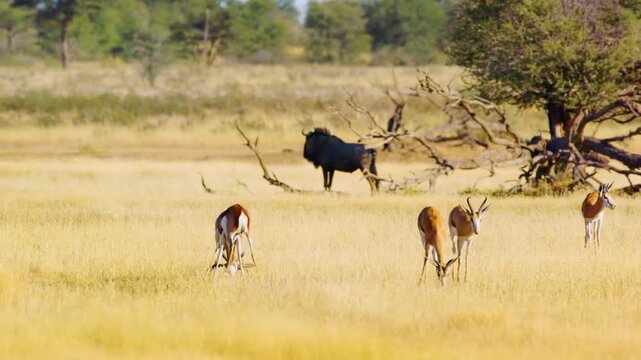 Springbok and gemsbok antelopes fighting and feeding in natural habitat, Kalahari desert, South Africa