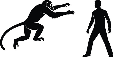 Black silhouette illustration of monkey leaping toward standing human figure, dynamic interaction pose, suitable for design, education, recognition © MdMoksed