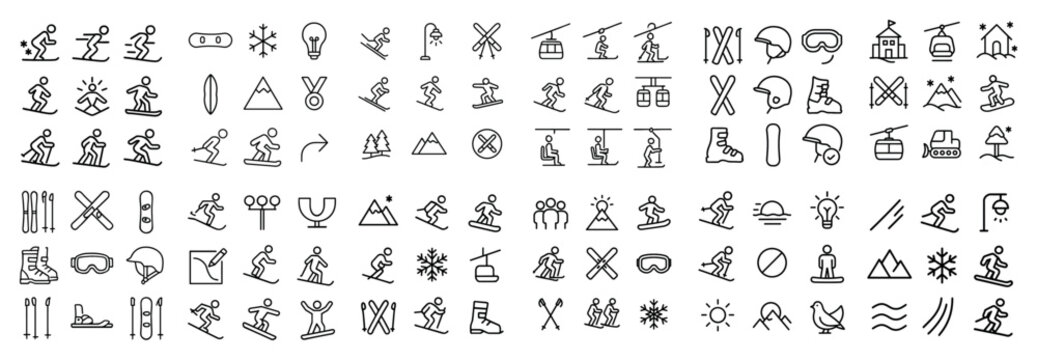 Skiing icons with skier snowboard ski minimal outline