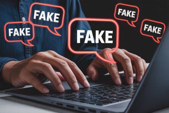 Hands typing on laptop keyboard with red glowing fake news speech bubbles isolated online