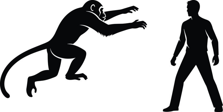 Black silhouette illustration of monkey leaping toward standing human figure, dynamic interaction pose, suitable for design, education, recognition