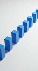 Fototapeta premium A perfect sequence of identical blue geometric blocks lined up on a white surface, interrupted by a single deliberate empty space or void, white, shape, order