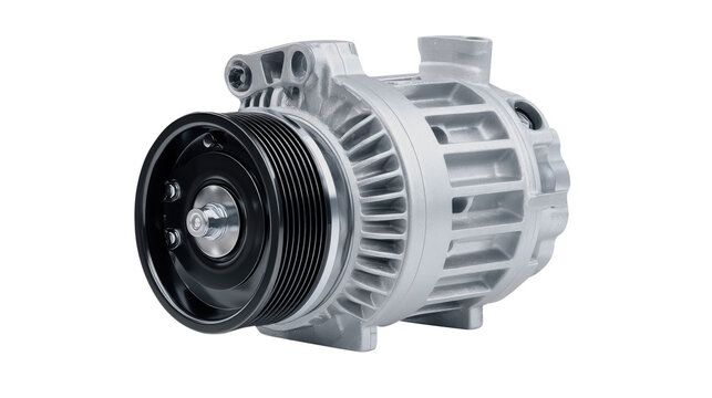 Silver car air conditioning compressor with black pulley