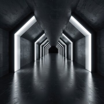 A vast, sterile, empty corridor stretching into nothingness, symbolizing deep silence and the absence of sound or response, soundless, abstract, nothingness