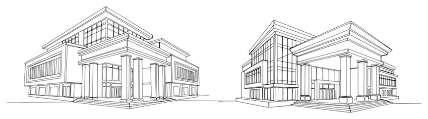 Naklejka premium Modern public building with large pillars and glass facade in continuous line art style