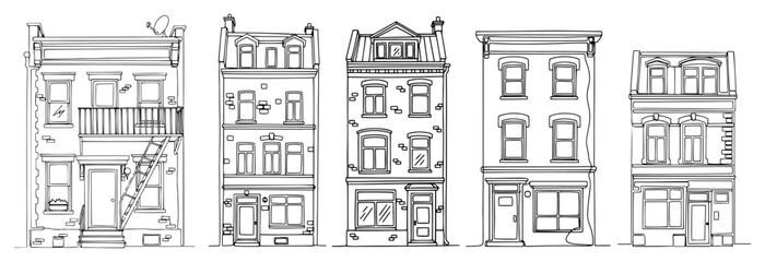 Fototapeta premium Collection of traditional city townhouse facades in hand drawn continuous line art style