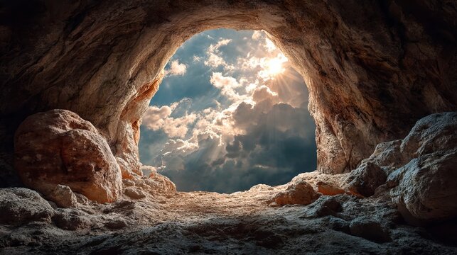 A stunning cave entrance with a bright sky and clouds in the background