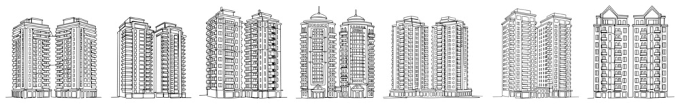 Residential high rise apartment buildings and skyscrapers in continuous line art style