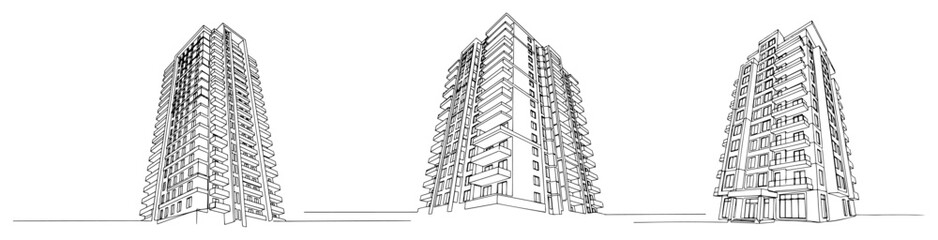 High rise apartment buildings and modern residential skyscrapers in architectural line art style © Katarzyna