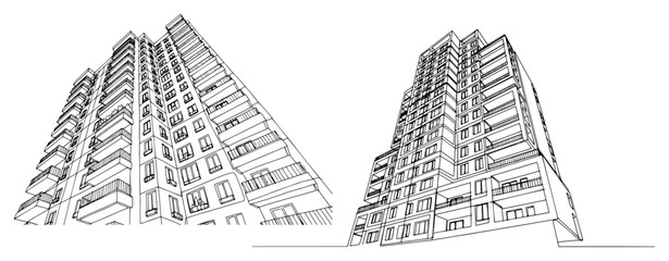 Large multi story apartment blocks with balconies in architectural line art style © Katarzyna