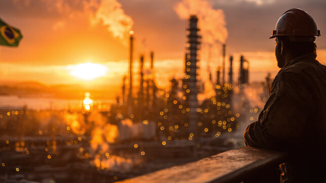 worker in hard hat at refinery complex in vitoria brazil during sunset with brazilian flag waving under glowing orange sky symbolizing energy production and industry