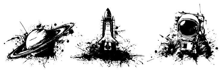 Space exploration elements including Saturn rocket and astronaut helmet with artistic ink splashes in expressive ink style © Katarzyna