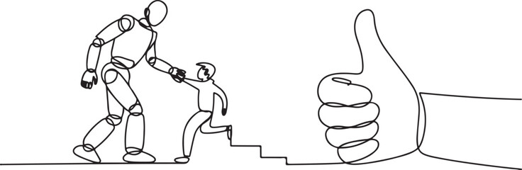 Robot assists person on stairs with thumbs up symbol