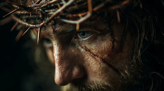 A close-up portrait of a man with a crown of thorns on his head, symbolizing sacrifice and faith.